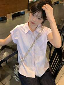 新款韩版无袖条纹衬衫，时尚宽松短袖独特上衣（条纹图案随机）粉色 - 粉色 - 查看 1