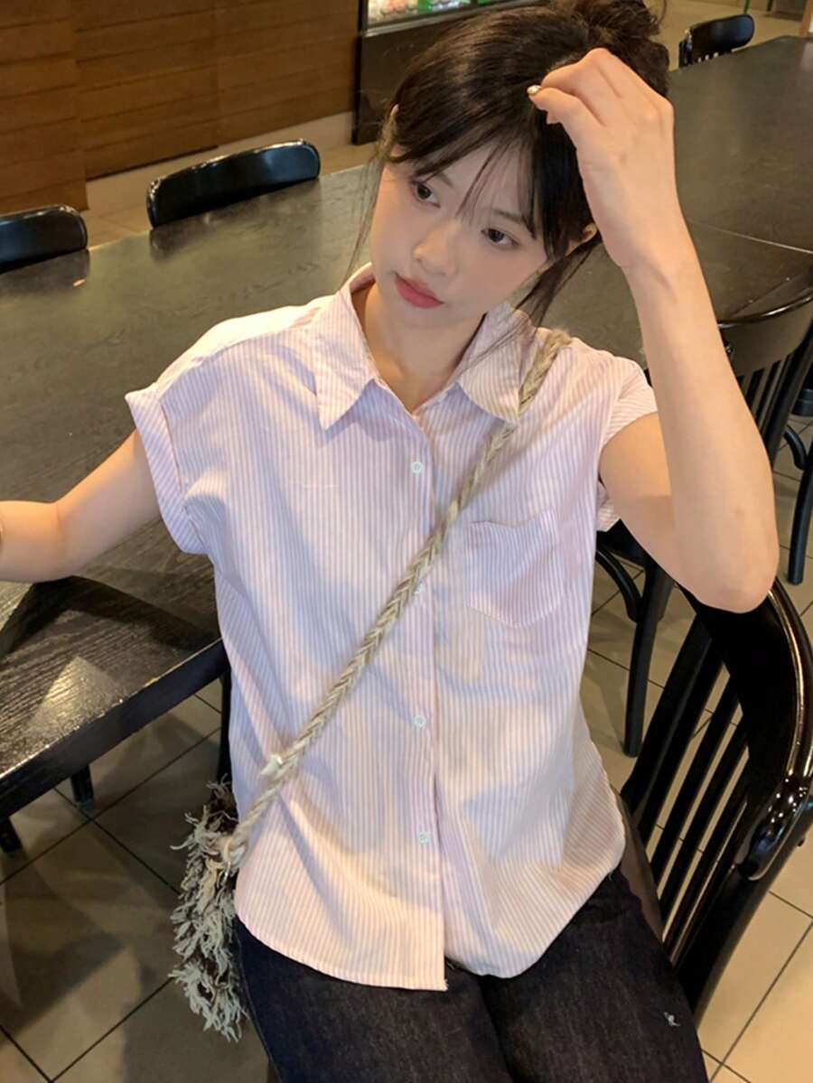 新款韩版无袖条纹衬衫，时尚宽松短袖独特上衣（条纹图案随机）粉色 - 粉色 - 查看 1