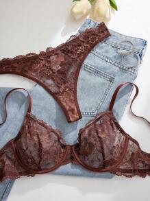 1pc Women's Solid Color Lace Wireless Comfy Bra Set