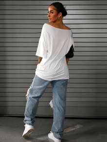 SAYEHFBABY Oversized Loose Shoulder T-Shirt With "Espresso Martini" Slogan, Coffee Color, Spring - White - View 4