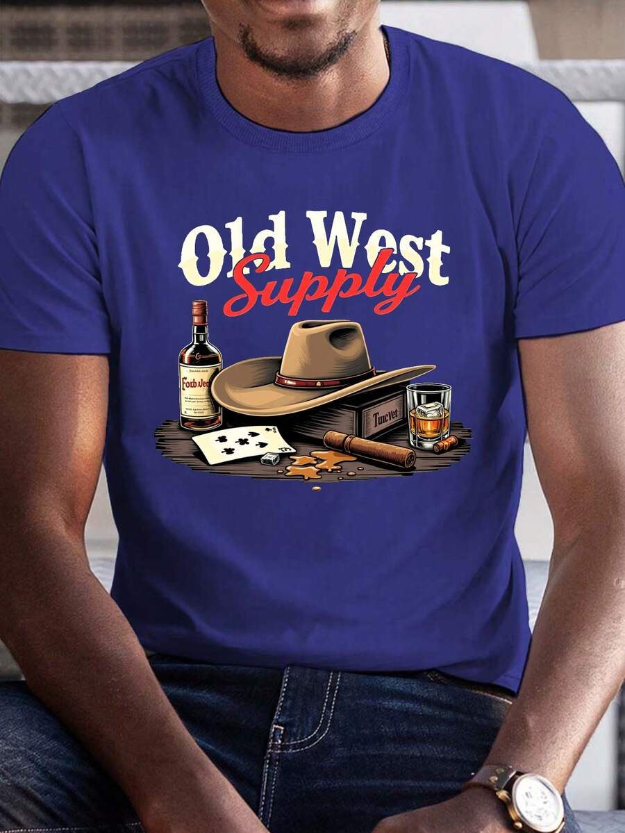 Camiseta de hombre de ajuste cómodo, 100% algodón puro de 180g, estilo vaquero y del Viejo Oeste para suministros de whisky - Azul - Ver 1