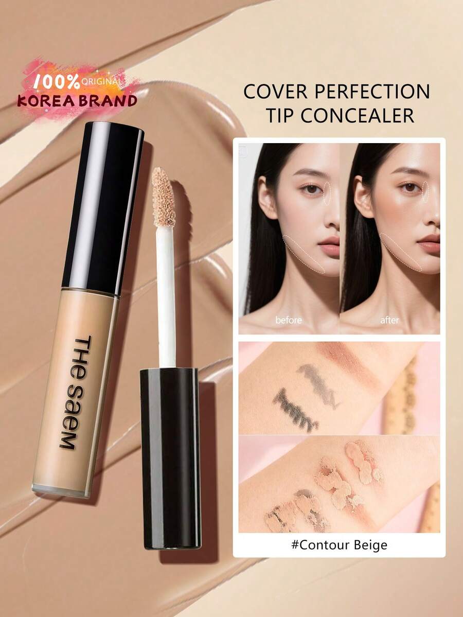 the SAEM Cover Perfection Tip Concealer Contour Beige，液体多用途遮瑕膏，全覆盖妆容，适用于痤疮、黑斑、黑眼圈、色素沉着和瑕疵，K-Beauty，韩国化妆品，6.5克/0.23盎司。