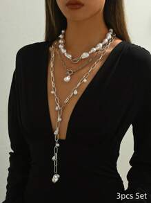 1-3pcs Bohemia Gold Layed Necklace, Pearl Exaggarate Long Necklace, Baroque Pearl Necklac, Vintage Necklace, Party,Daily, Vacation Necklace Set Woman Gift