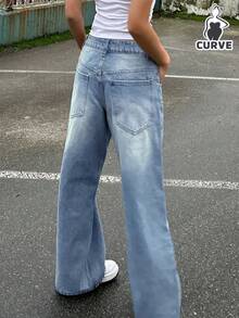 女士休闲宽松直筒牛仔裤 - 中等水洗藍 - 查看 2