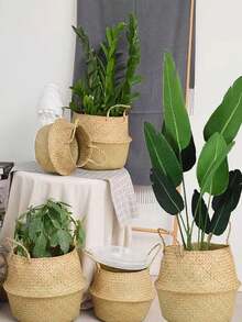 1pc Large Handmade Woven Rattan Plant Basket, Vintage Seagrass Woven Flower Pot Planter, Foldable Storage Basket For Home And Garden Decor, Indoor And Outdoor Use - Multicolor - View 13