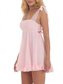 Women's Babydoll Mini Dress Tie Shoulder Backless Bow Party Summer Sundress Flowy Short Graduation Dress - 粉色 - 查看 3