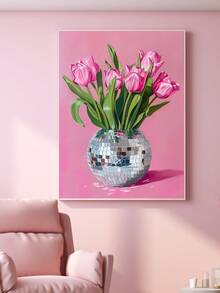 1 件，帆布挂画，墙面艺术，海报，易于悬挂，迪斯科球花瓶中的郁金香，粉色学院风墙面艺术，时尚花卉绘画，俏皮的房间装饰，镜面球印花，美丽的少女印花，可选画框 - 彩色 - 查看 8