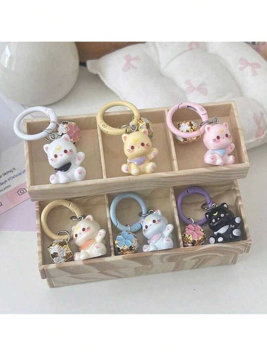 6件套全新3D卡通猫咪造型带铃铛钥匙扣，学生背包可爱挂件，闺蜜礼物，汽车装饰包包挂饰，哥特风Y2K风格礼物，送给妈妈、爸爸、毕业生和老师 - 彩色 - 查看 1