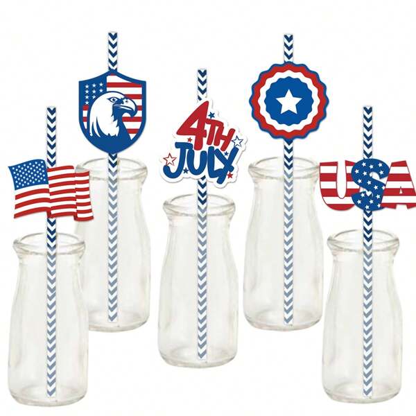 24pcs/Set 4th Of July Disposable Straws Flags Decor Well Crafted Patriotic Drinking Straws For American National Day Theme Decor