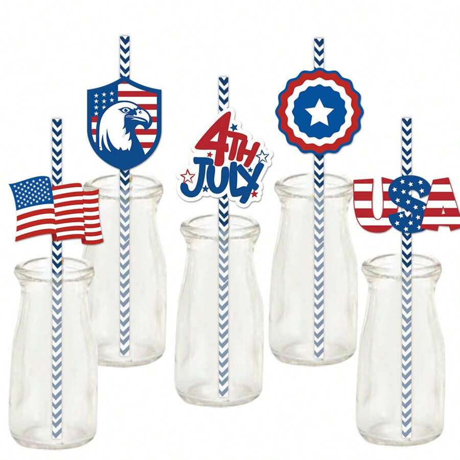 24pcs/Set 4th Of July Disposable Straws Flags Decor Well Crafted Patriotic Drinking Straws For American National Day Theme Decor