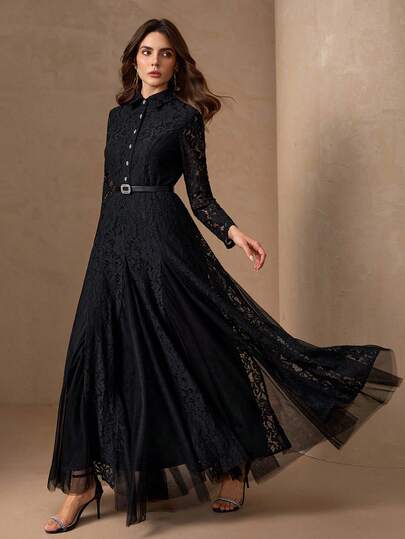 优雅女士钻石纽扣装饰A字形网眼拼接修身连衣裙