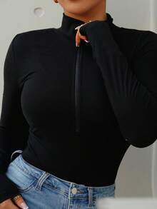 SAYEHFBABY Body con cremallera y cuello alto para mujer - Negro - Ver 5