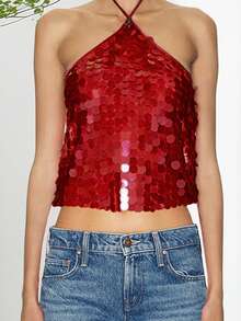 Women Sparkly Sequins Tank Tops Tie-Up Halter Neck Vests Summer Sleeveless Crop Tank Vest Tops - 紅色 - 查看 3