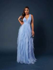 Long Party Dress With Sparkle And Cascading Skirt With V-Neckline - 寧靜藍 - 查看 4