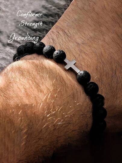 Men's Fashion Bracelet- Lava And Hematite Cross Bracelet, Grounding, Strength, Absorb Negative Energy, Protection Jewelry Gift For Men