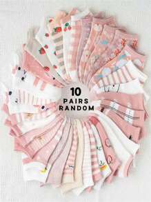 1 Pair/10 Pairs/20 Pairs/30 Pairs Of Random Spring And Summer Style Pink Candy Color Cute Cat Strawberry Flower Japanese Sweet Cute Ins Style Girls Campus Sports Daily Versatile Soft Skin Friendly Comfortable Sweat Absorbing Breathable Women's Short Socks