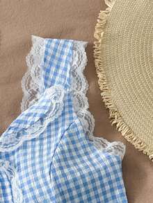 Camisa de tirantes con botones y adornos de encaje de estilo a cuadros para mujer, estilo de vacaciones, para primavera/verano - Azul - Ver 5