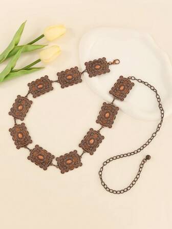 Bohemian Vintage Metal Chain Belt, Turquoise Carved Waist Chain, Acrylic Solid Color Waist Chain, Zinc Alloy Geometric Pattern Waist Chain, For Party, Wedding, Sports, All Season Summer