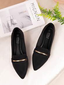 Women's Flat Metal Decoration Mule Shoes Black Nude Pointed Toe One Stirrup Detail Backless Design Elegant And Comfortable Shoes - 黑色樂福鞋絨面 - 查看 3