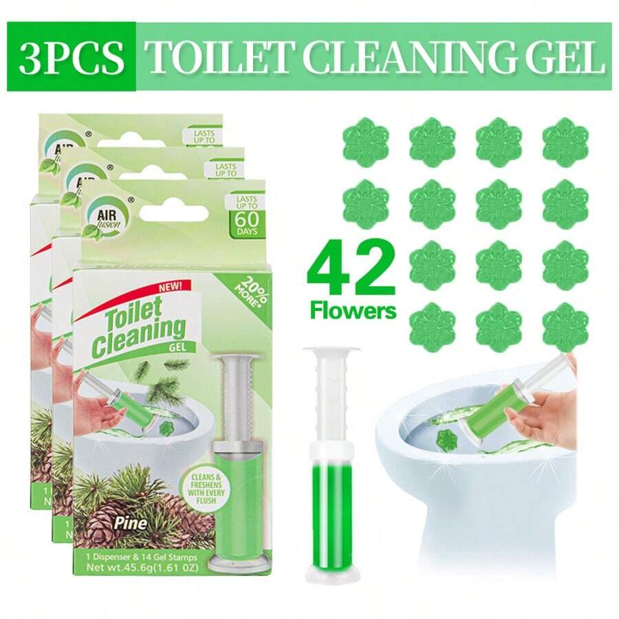 42 Count Fresh Flower Gel Stamp Toilet Cleaner, Air Freshener, Fresh Bathroom Toilet Cleaning Gel Stamp, Helps Keep Toilet Clean, Prevents Scale And Toilet Ring, 6 Fragrance Options, Includes 1 Dispenser And 4 Gels - Pine - 查看 1
