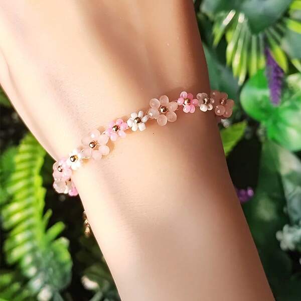 1 pieza Brazalete de cadena con flores de cuentas de vidrio hecho a mano en estilo bohemio, de moda y versátil, adecuado para uso diario, gran regalo para amigos o novia