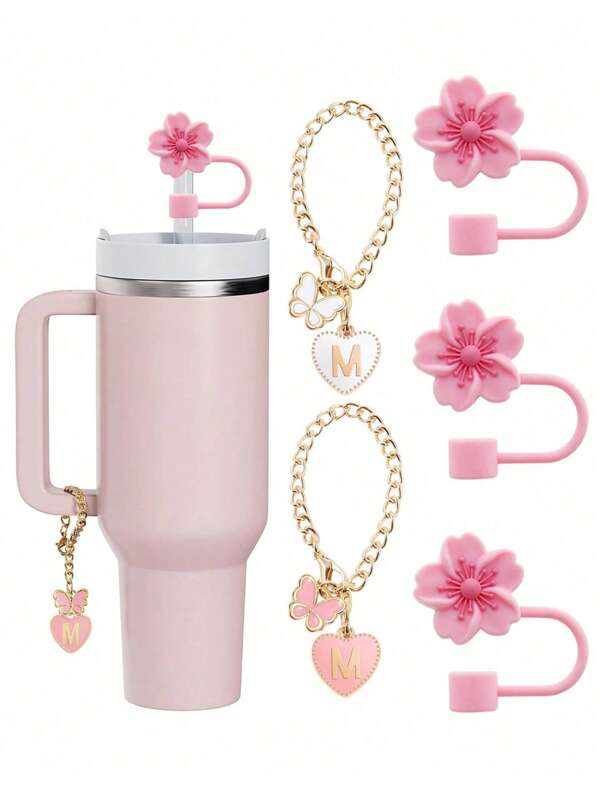 2 Stücke/Set Tassen Zubehör: Süße Blume Strohdeckel & Schmetterling Herz Buchstabe A-Z 26 Buchstaben Tassen Hänge-Kette Deko, kompatibel mit 30OZ-40OZ, Tumblers, Isolierbecher, alle Strohhalme 9-10mm Durchmesser, Gläser mit Henkel, tolles Geschenk für Familie, Partner, Mutter, Kollegen, Geburtstag, geeignet für den Alltag, perfekt für Auto, Party, Hochzeit