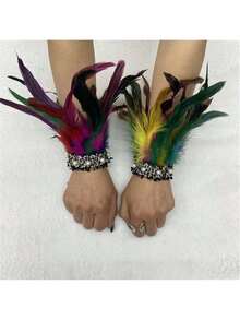 1 Pair Feather & Faux Pearl Cuff Fingerless Gloves, Fashion Costume Accessory For Parties, Balls, Makeup Halloween Halloween Accessories - Multicolor - View 17