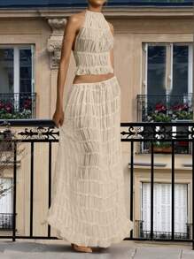 2 pièces/ensemble Robe maxi avec dos nu, volants et garniture en dentelle, en chiffon abricot multicouche. Élégante et romantique