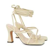 XY LONDON Dylan Women's Lace Up Toe Post Heeled Sandals, Square Toe, High Heels, Sculptured Block Heel, Black, Green, Nude, Synthetic Leather, Nightclub Style, Party, Spring/ Summer