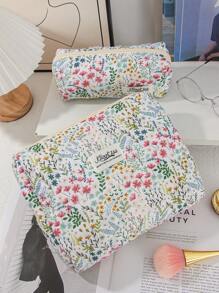 1 Peça/Conjunto Nécessaire de Maquiagem com Flores Frescas, Estilo com Zíper Acolchoado com Estampa Floral Rosa e Planta Verde, Grande Abertura, Portátil para Viagem. Necessaire de Maquiagem Pequena para Carregar na Mão. Nécessaire para Lavar no Banheiro, Bolsa de Armazenamento de Joias, Bolsa de Armazenamento de Produtos de Beleza, Bolsa de Armazenamento de Pincéis