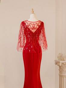 Heart Sequin Embroidered Mesh Shawl Fishtail Evening Gown Dress, Formal, Party Dress, For Wedding Guest - Red - View 5