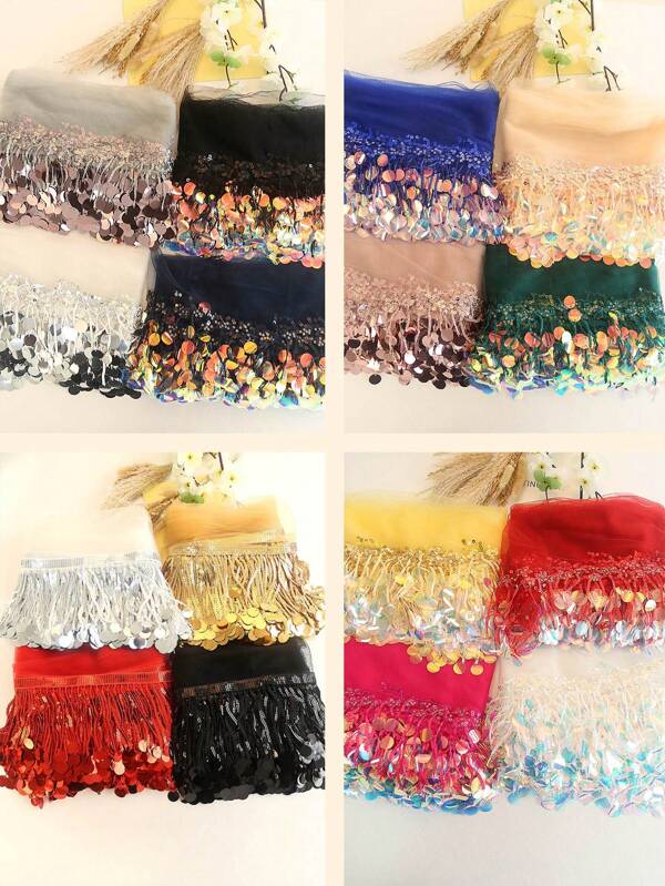New Colorful Sequin Net Tassel Fringe Trim DIY Clothing Fashion Accessory, Wedding Dress Decoration, Stage Performance Costume Decoration, Curtain Decor, In Stock, Length: 3ft - 30ft, Width: 5.5in