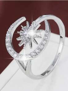 1pc EU/Middle East Style Sun & Moon Design, 2025 Fashion/Mythical Motif, High-Quality Copper Micro-Inlaid Cubic Zirconia Open Ring, Suitable For Women In College, Business, Casual, Nightclub, Daily Wear