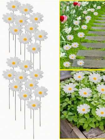 1/5 件逼真雏菊花园桩，耐候 PVC 户外草坪装饰，花棒装饰，黄白色人造花，适用于庭院、露台和小径装饰，花园配件，庭院装饰