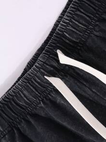 (290g Acid-Washed Cotton Shorts) Casual Men's Shorts With Printed Washed Cotton, Men's Fashionable Street Shorts. High Quality Acid-Washed Printed Cotton Shorts - 黑色 - 查看 3