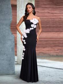 Lang Blumen Farbblockiertes elegantes Meerjungfrauenkleid mit trägerlosen Oberteil