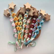 1 Peça Mordedor de Flor de Crochê Feito à Mão com Clipe de Chupeta e Suporte de Madeira com Estrela e Coração para Bebês Meninos e Meninas