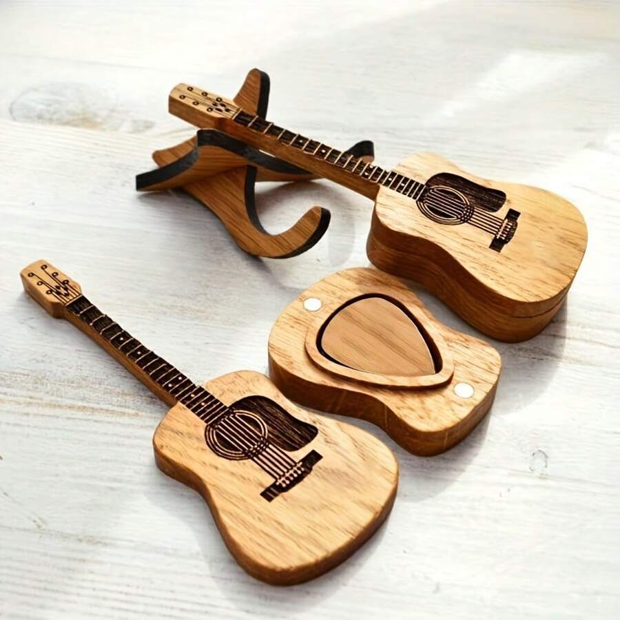 Wooden Guitar Pick Box With Stand, 5PCS Unique Guitar Picks, Guitar Pick Holder Box, Musician Engraved Wooden Plectrum Case, Acoustic Guitar Box For Electric Bass Guitar Ukulele Lover - Yellow - View 1