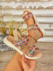 女士轻便厚底波西米亚坡跟凉鞋，舒适时尚百搭一脚蹬波西米亚风佩斯利图案海滩度假不对称户外海滩节假期