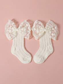 1pc Baby Lace Plain Bow Headband + 1 Pair Baby Mesh Bow Breathable Mid-Calf Socks - Beige - View 2