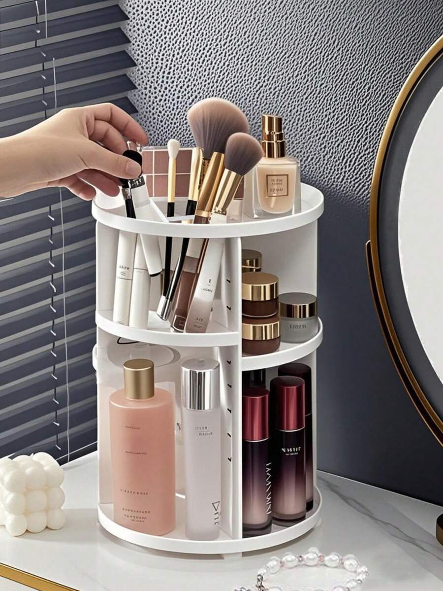 360 Degree Rotating Acrylic Makeup Organizer Storage Rack, Cosmetic Display Stand For Vanity,For Holiday Beach, Bathroom Collection, Bedroom Collection, Large Capacity - White - View 1
