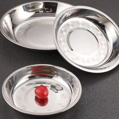 2pcs/6pcs High Quality Reusable Thick Stainless Steel Round Plates, Household Round Dish, Flat Plate, Tray, Soup Plate, Vegetable Plate, Round Plate, Fruit Plate, Barbecue Plate