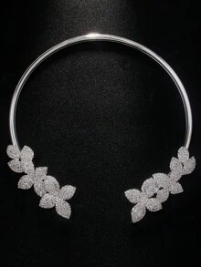 1pc Silver Flower Collar Necklace Women High-Grade Rhinestone Necklace Versatile Accessory - Silver - View 2