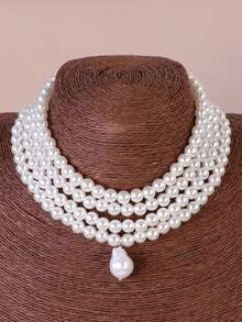 1pc Vintage Baroque Style Asymmetrical Faux Pearl Multi-Layer Choker Necklace, Suitable For Women's Daily, Evening, Party Wear - White - View 2