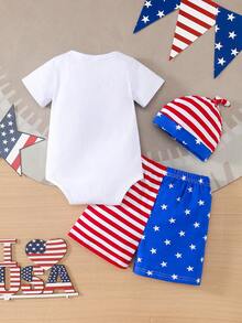 3-Piece Boys' Summer Independent Day Letter Printed Jumpsuit&Striped Star Shorts Set&Cute Baby Hat Set - 白色 - 查看 2