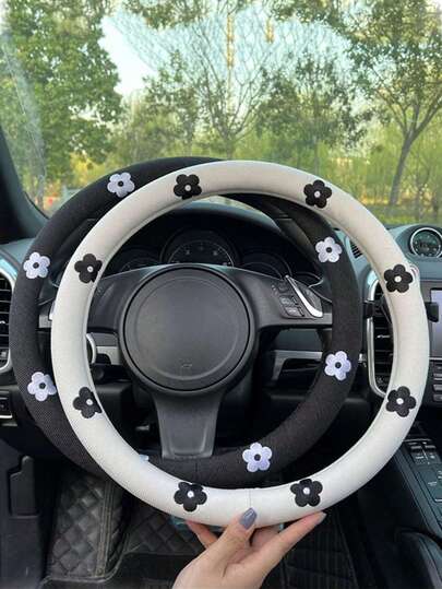 1pc Flower Steering Wheel Cover Cotton And Linen Breathable Anti Slip Car Handle Cover Car Steering Wheel Cover