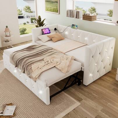  Flieks Daybed With Trundle, Pull Out Bed With USB &Type C Charging Sations, Upholstered Single Bed With Trundle, Velvet Single Sofa Bed, 3FT-90x190cm, Beige, No Mattress