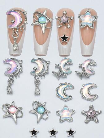 Set de 5 decoraciones para uñas con encantos minimalistas de estrellas, luna y gota, mariposa y luna, pendientes en tonos mocha