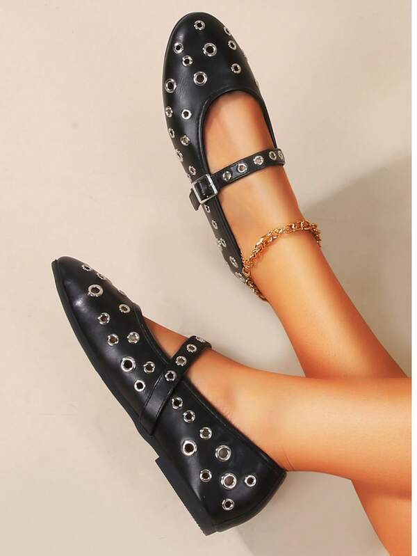 Faux Leather Multi-Eyelet Ballerinas With Adjustable Buckle Strap