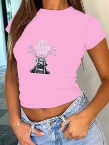 Motorcycle Handlebars Men S LIFE BEHIND BARS Women's Fashion Short T-Shirt - Pink - View 1